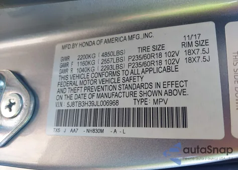 2018 Acura Rdx Acurawatch Plus Package from USA, damaged, VIN 5J8TB3H39JL006968